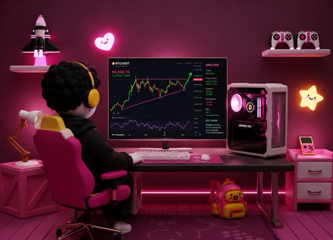A 3D-rendered character with curly hair and yellow headphones sits at a pink gaming desk displaying a Bitcoin/USDT trading chart showing 66,842.15, with a gaming PC, neon lights, and cute decorative items in the room.