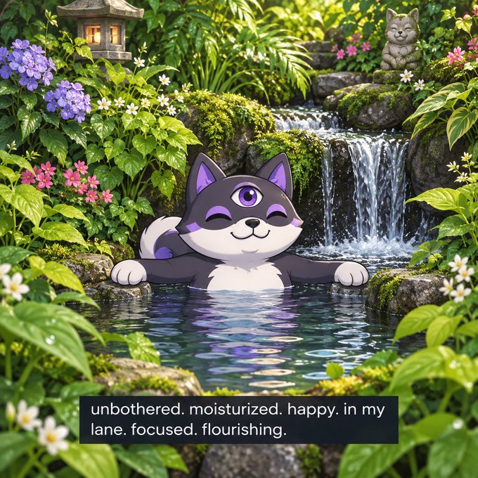 A cartoon purple and white cat relaxing in a lush garden pool with a waterfall, accompanied by the caption: 'unbothered. moisturized. happy. in my lane. focused. flourishing.'
