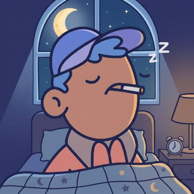 A cartoon illustration of a person with blue hair sleeping in bed with a cigarette in their mouth, with 'Zzz' sleep indicators and a moonlit night scene through the window.