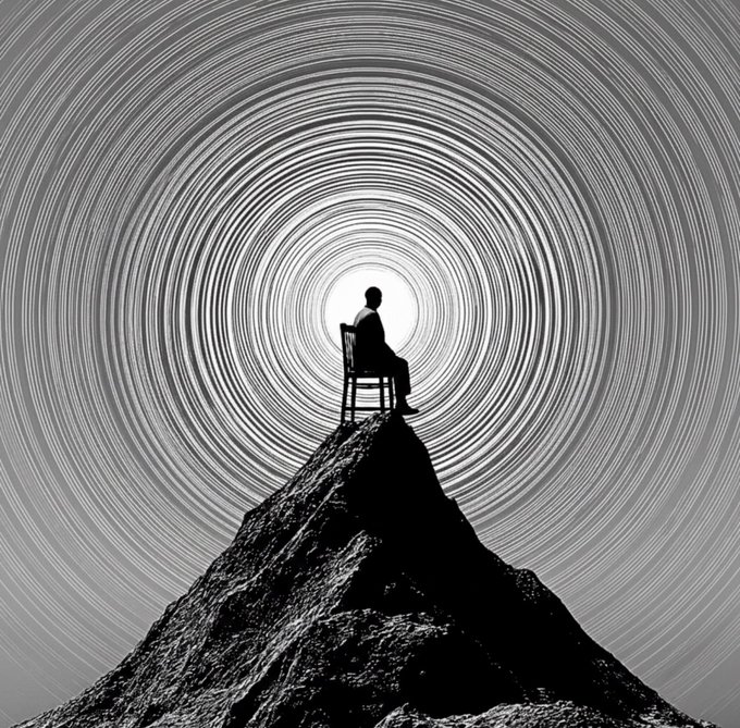 A solitary figure sits atop a dark mountain peak, silhouetted against concentric star trails spiraling through the night sky, evoking a sense of cosmic solitude and unwavering resolve. The image mirrors the post's theme of "pure conviction, peak position," symbolizing the pinnacle of confidence and determination achieved through steadfast belief.