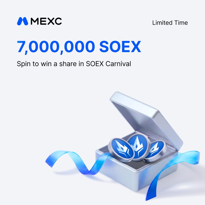 MEXC promotional banner for the SOEX Carnival featuring "7,000,000 SOEX" giveaway with an open silver treasure chest displaying blue SOEX tokens, encouraging users to spin and win a share of the prize pool.