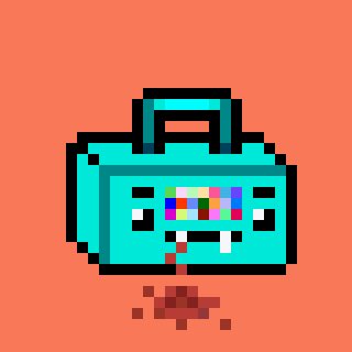 A pixel art image of a teal retro television set with a colorful static screen and a smiling mouth, featuring some pixelated debris at the base, set against an orange background.