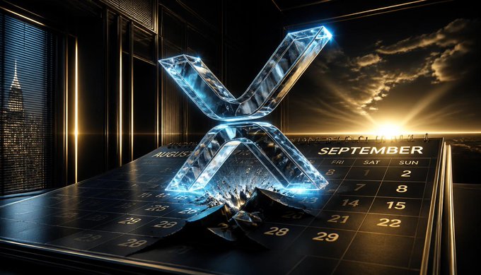 A digital artwork of a glowing blue 3D XRP logo bursting through a calendar page set to September, with a city skyline and sunset in the background.