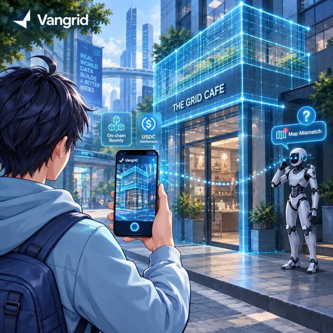An anime-style illustration shows a person using a smartphone displaying the 'Vangrid' app, with a robot and floating icons like 'On-chain Bounty,' 'USDC (Settlement),' and 'Map Mismatch' near a holographic 'THE GRID CAFE' in a futuristic city.