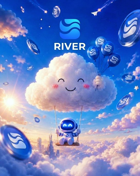 A promotional graphic features a cute white cloud with a smiling face and a small astronaut swinging from it, surrounded by floating coins with an 'S' logo and the word 'RIVER' at the top.