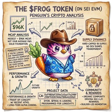 An infographic titled 'THE $FROG TOKEN (ON SEI EVM) - PENGUIN'S CRYPTO ANALYSIS' showing a $96K market cap, supply dynamics, a Penguin's Note, project data with contract address '0xfb89D58eCdaDcfa7c98BFF298B7AB87B7BB4B45Db9', and community rewards details.