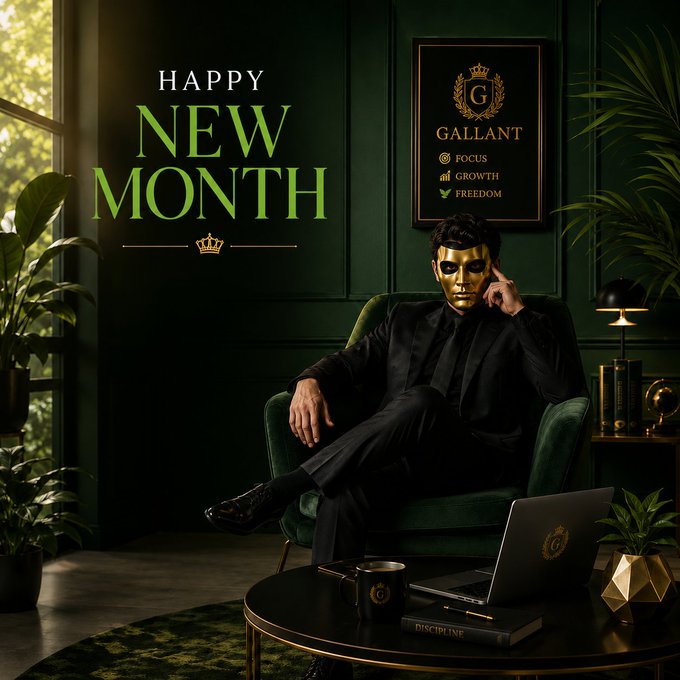 A masked figure in a black suit sits in a green armchair beside text reading "HAPPY NEW MONTH" and a framed "GALLANT" emblem listing Focus, Growth, and Freedom, with a laptop and "DISCIPLINE" book on the table—visually reinforcing the post's message of quiet conviction and value-building over hype.