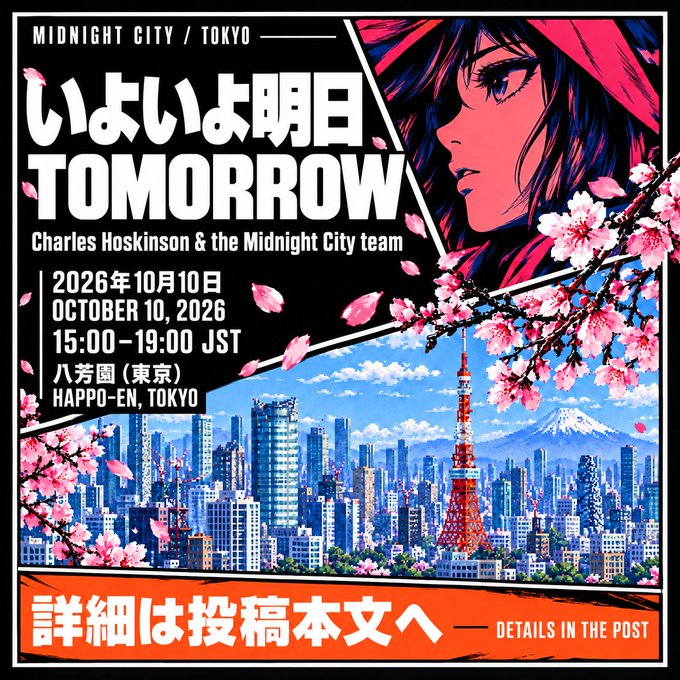 An event poster for "MIDNIGHT CITY / TOKYO" featuring anime-style artwork, cherry blossoms, and the Tokyo skyline with Tokyo Tower, dated October 10, 2026.