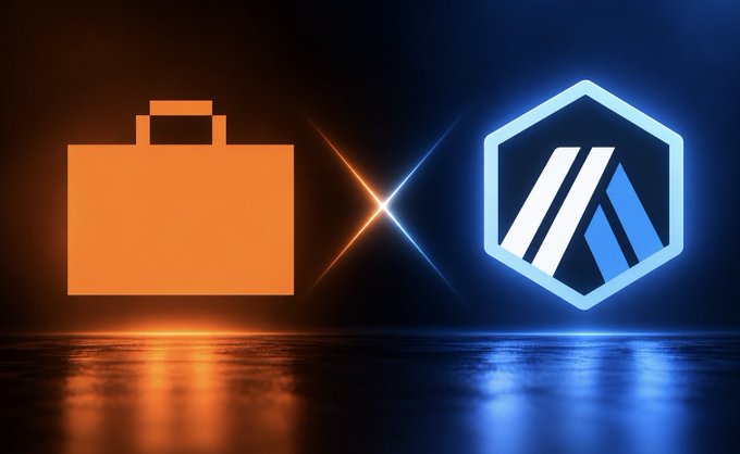 The image showcases a vibrant orange briefcase icon juxtaposed with a glowing blue hexagonal logo, representing the launch of StonkLauncher's Smart LP Vaults on the Arbitrum One network. This visual symbolizes the official debut of StonkBrokers' new financial tools in the Arbitrum ecosystem.