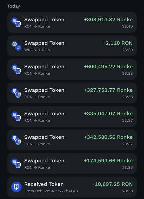 A crypto transaction history list for 'Today' showing multiple 'Swapped Token' entries converting RON and WRON to Ronke, with significant gains displayed in green.