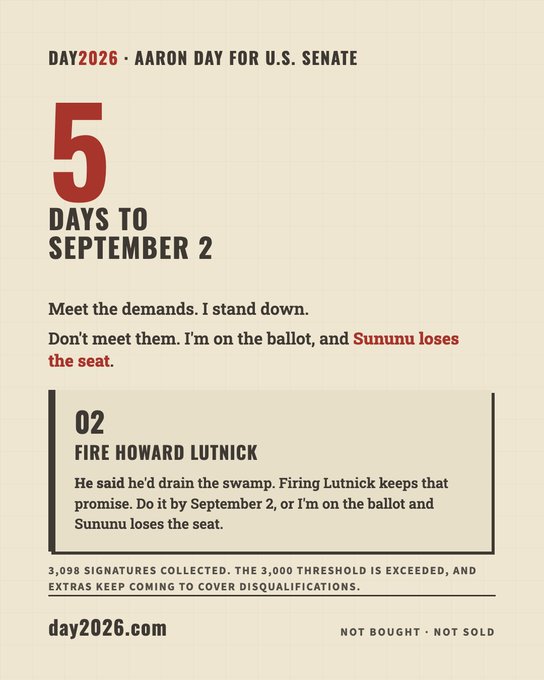 Political campaign poster for DAY2026 Aaron Day for U.S. Senate, showing '5 Days to September 2' and demanding to 'Fire Howard Lutnick,' with 3,098 signatures collected for day2026.com.