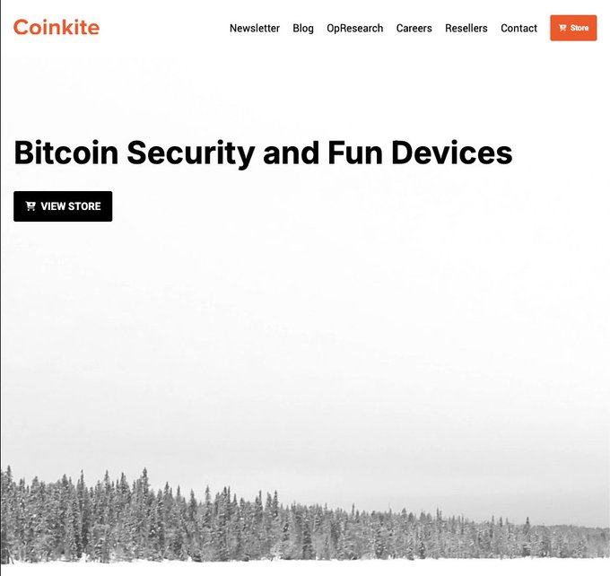 The image shows the Coinkite website homepage featuring the headline "Bitcoin Security and Fun Devices" with a "VIEW STORE" button, set against a snowy forest background, and includes a "Store" button in the navigation menu.

The phrase "That's ballsy!" appears to comment on Coinkite's bold marketing approach of branding themselves as providers of both "Security" *and* "Fun Devices" for Bitcoin—a casual, confident framing for a crypto hardware company.