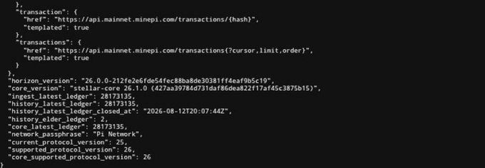 A screenshot of code or API documentation displaying Horizon network information, including 'Pi Network' as the network_passphrase, with 'history_latest_ledger_closed_at: 2026-08-12T20:07:44Z'.
