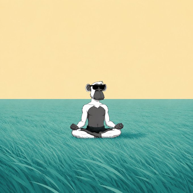 A cartoon monkey wearing sunglasses sits in a meditative lotus pose on a teal grassy field under a pale yellow sky, embodying a zen, "good morning" vibe that pairs with the post's theme of finding inner peace and motivation through securing one's crypto keys with Ledger.
