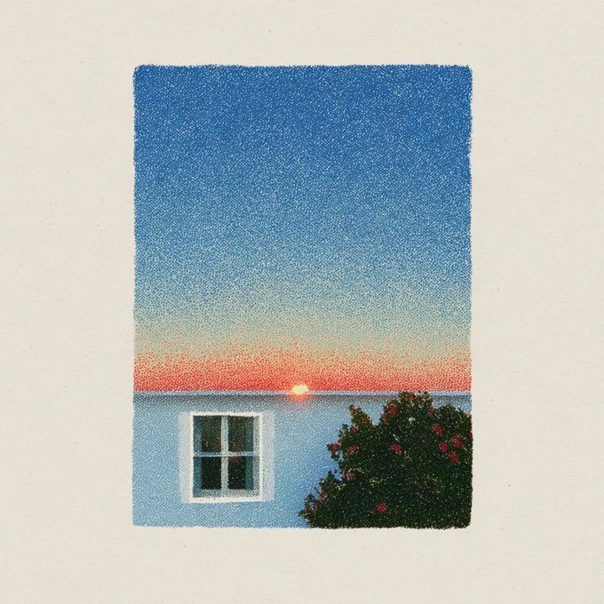 A textured illustration depicts a serene sunset with a small sun on the horizon, a blue wall with a four-pane window, and a bush with red flowers in the foreground.
