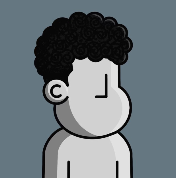 A minimalist cartoon avatar of a person with curly black hair, a gray beard, and a white shirt against a blue-gray background, featuring a copyright symbol on the cheek.