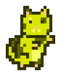 Pixel art illustration of a small green/yellow creature with pointed ears sitting upright.