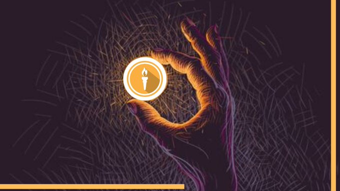 A digital illustration of a hand reaching toward a glowing candle icon set against a dark background with grass-like textures and orange accent borders.