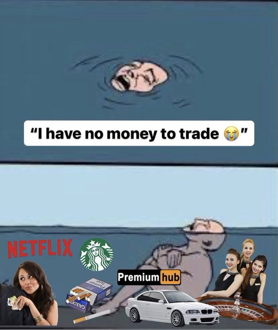 A two-panel meme showing a baby struggling to keep its head above water with the text 'I have no money to trade 😭' above a second panel where the baby is comfortably floating alongside logos and cutouts representing Netflix, Starbucks, a 'Premium hub', cigarettes, a car, and three women.