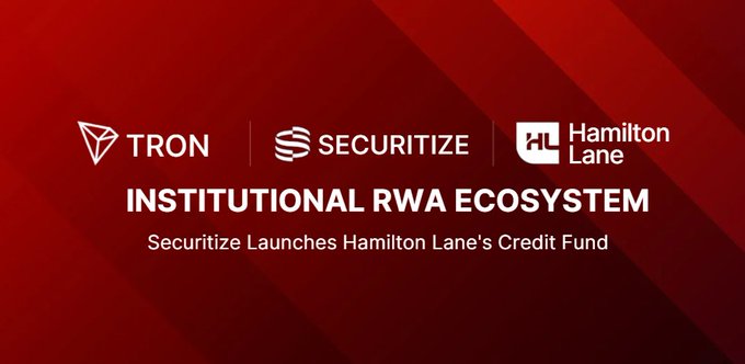 The image features a red banner with white text that says "TRON ECONTROISE". Below this, there are three logos for different companies - "Institutional RWA EOSystem", "Securitize", and "Hamilton Lane's Credit Fund". The text on the banner indicates that these companies are collaborating to create an ecosystem focused on securing and managing financial transactions.