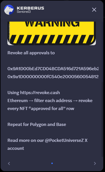 A warning notification from KERBERUS (Gentem1d) advises users to revoke all approvals for specific contract addresses (0x9A1D00bEd7CD04BCDA516d721A596eb2 and 0x9a1D00000000fC540e2000560054812) using revoke.cash on Ethereum, Polygon, and Base.