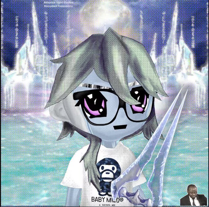 An animated character with gray hair, purple eyes, and glasses wearing a white 'BABY MILO' t-shirt stands before a fantasy ice palace background, with a small image of a man in a suit in the bottom right corner.