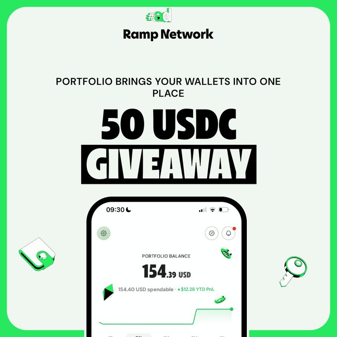 A green-and-white Ramp Network giveaway poster reads “PORTFOLIO BRINGS YOUR WALLETS INTO ONE PLACE” and prominently advertises a “50 USDC GIVEAWAY.”