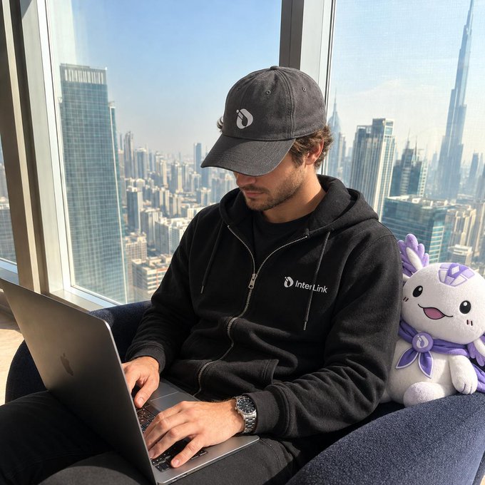A man in a black "InterLink" hoodie and cap focuses on his laptop work in a high-rise setting with a Dubai cityscape visible behind him, accompanied by a plush mascot. The image visually reinforces the post's motivational message about perseverance with the InterLink branding and tickers #ITLG #ITL, symbolizing dedication and progress in a modern, ambitious environment.