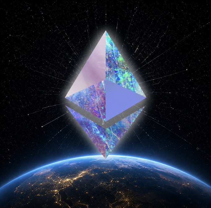 A glowing, cosmic Ethereum logo hovers above Earth, its iridescent surface radiating like a celestial beacon against the starry expanse. The image visually reinforces the post's bold claim by depicting Ethereum not just as a cryptocurrency, but as a transcendent, otherworldly force destined to dominate from above.