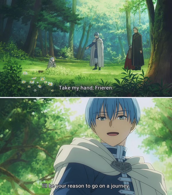 An anime scene featuring a blue-haired character (Himmel) extending his hand in a forest with the subtitle 'Take my hand, Frieren,' followed by a close-up with the subtitle 'I'll be your reason to go on a journey.'