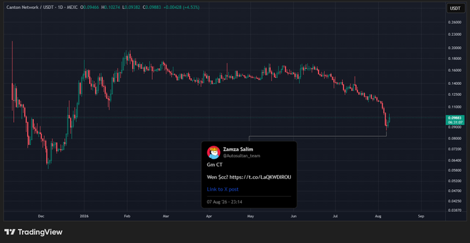 The image is a TradingView chart of Canto/USDT (USDT) on a 1-day timeframe, showing a price of approximately 0.09865 with a 0.40% decline, illustrating a sharp downward trend peaking near 0.19000 before falling to current levels. A pinned post by "Zamsa_Sales" reads "Gm CT" with a link to a post discussing whether the $CC bottom is in, directly referencing the visible price decline and potential reversal point.