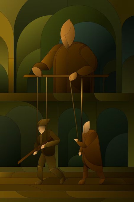 An illustrated/artistic scene of puppet-like figures being controlled by strings, with a large puppet-master figure controlling two smaller figures in a dark, arched architectural setting.