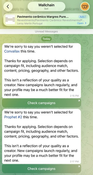 A messaging app interface for 'Wallchain bot' displaying rejection messages for 'Convallax' and 'Prophet #2' campaigns, each with a 'Check campaigns' button.