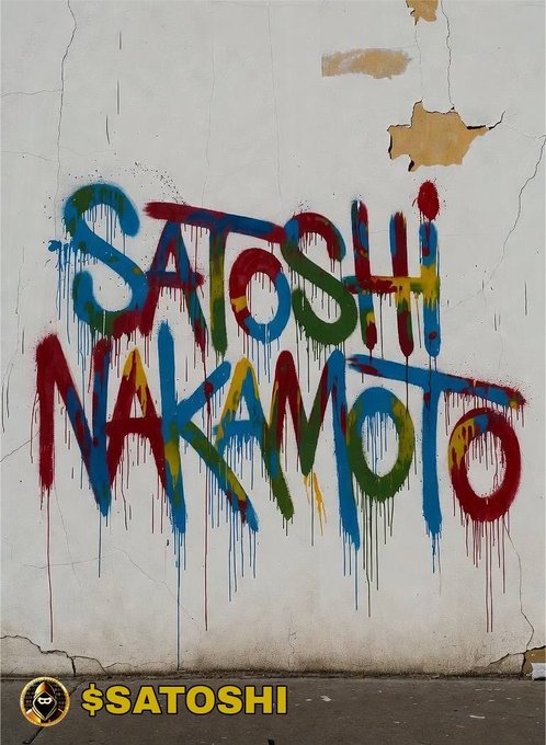 A photograph of colorful graffiti on a weathered white wall spelling out 'SATOSHI NAKAMOTO' in dripping multicolored paint (red, blue, green, yellow), with a yellow logo at the bottom reading '$SATOSHI'.