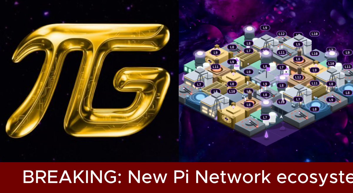 The image shows a poster with two different logos, one of which is a golden letter "T" and the other is a gold square containing a grid of numbers. The text above the image reads "BREAKING: New Pi Network ecosystem".