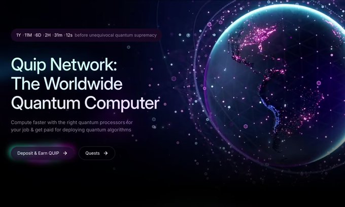 A promotional webpage for 'Quip Network: The Worldwide Quantum Computer' featuring a neon-lit globe and call-to-action buttons for 'Deposit & Earn QVIP' and 'Quests'.