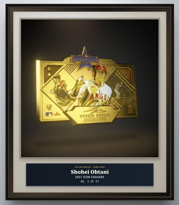 A framed Shohei Ohtani 2021 Icon Chasers collectible card (No. 3 of 97) featuring gold design and All-Star Game branding.