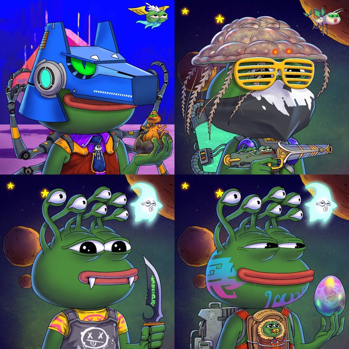 A four-panel digital artwork showcasing Pepe the Frog characters in various sci-fi and fantasy personas—a cybernetic frog with a mechanical helmet, a bearded frog warrior wearing shutter shades and holding a gun, a multi-eyed frog with a knife, and a tattooed frog holding a colorful egg—paired with the caption "I am still a @PepeExplorers Art is undervalued," highlighting the artist's commitment to the PepeExplorers NFT collection and their belief that the collection's artwork deserves greater appreciation.