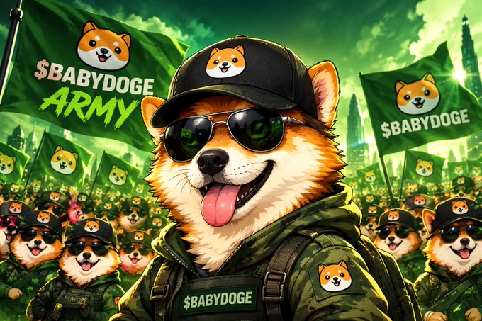 A digital illustration of a Shiba Inu dog wearing sunglasses and a military cap, surrounded by an army of similar dogs with '$BABYDOGE ARMY' and '$BABYDOGE' flags.