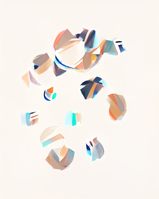An abstract digital artwork features floating, fragmented geometric shapes in shades of peach, blue, and white against a cream background.