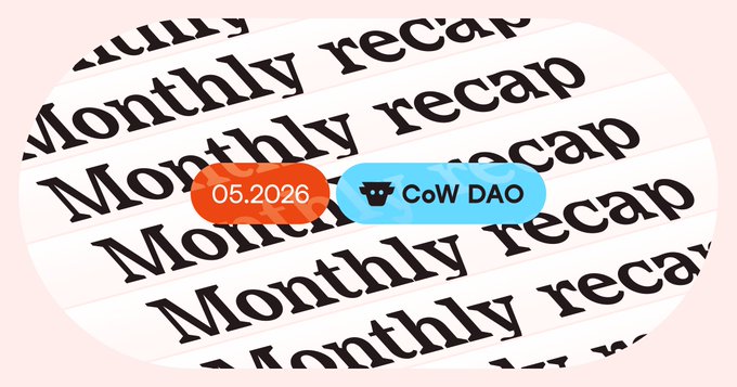 A purple circle with white text that says "MonthlyRecap" at the top of a grey background. Below the month, there is blue text reading "CoW DAO" and another blue text saying "DEX aggregation got more competitive in May. CoW Protocol held 16.8% market share - second across all supported chains." The image also shows an abstract graphic design featuring two shapes within the circle with additional white text on top of each shape that says "MonthlyRecap".