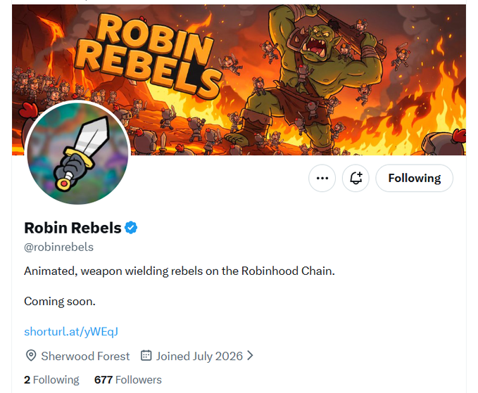 A Twitter/X profile for "Robin Rebels" (@robinrebels), verified, with 677 followers, bio reading "Animated, weapon wielding rebels on the Robinhood Chain. Coming soon." and banner art showing a giant troll with small rebel characters.