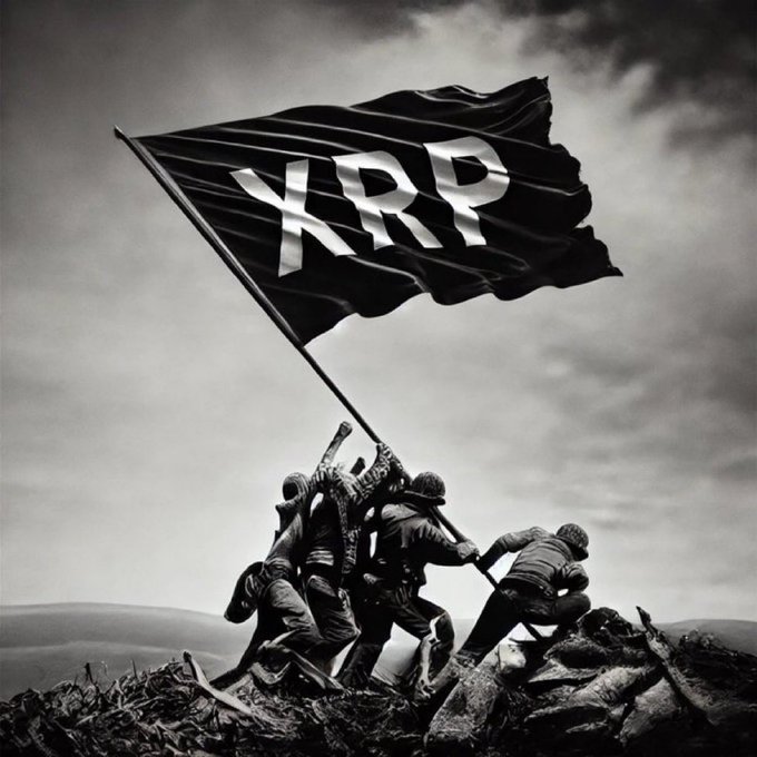 The image features a black and white recreation of the iconic Iwo Jima flag-raising, with a large black flag bearing the white "XRP" logo hoisted by a group of soldiers, symbolizing triumph. The post connects this powerful victory imagery to XRP holders being on the verge of regulatory "clarity" that will unlock new crypto market opportunities through platforms like Xora Finance.