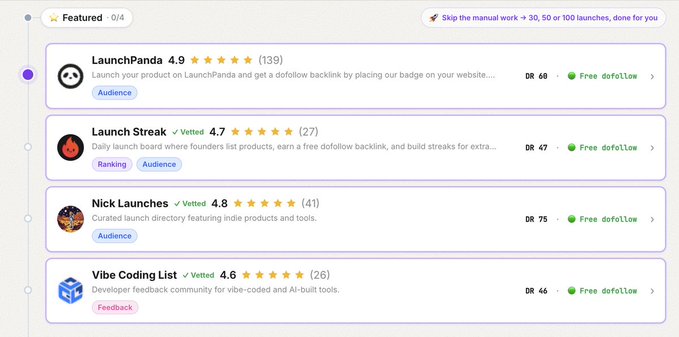A screenshot of a featured list of 4 launch platforms including LaunchPanda 4.9, Launch Streak (Vetted 4.7), Nick Launches (Vetted 4.8), and Vibe Coding List (Vetted 4.6), each with star ratings, review counts, domain ratings, and 'Free dofollow' badges.
