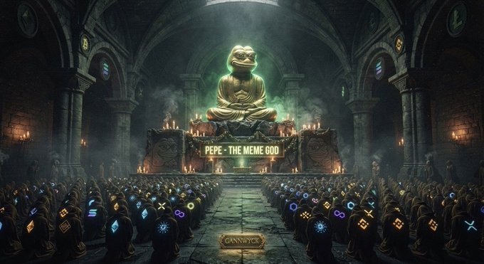A hooded congregation of crypto symbols gathers in a gothic cathedral before a glowing frog statue labeled "PEPE - THE MEME GOD," revering the $PEPE token as a divine meme deity. The scene playfully portrays Pepe worship, echoing the post's declaration of $PEPE as king and its exclusive appeal to the "1%."