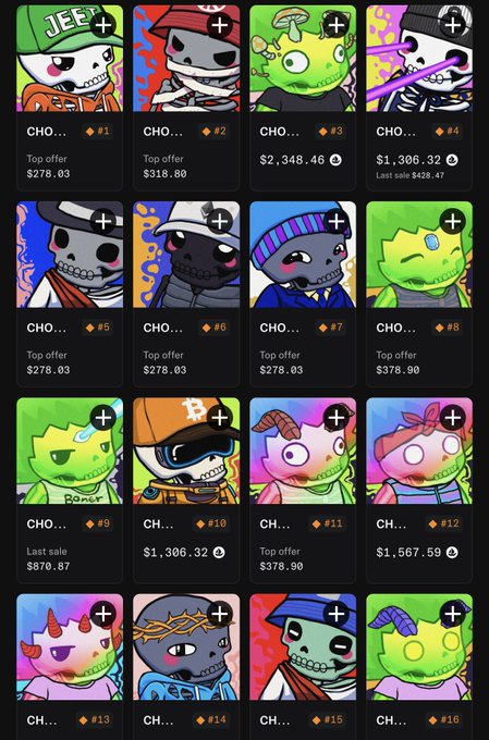 A screenshot of an NFT marketplace showing a grid of 16 cartoonish, skeleton and monster-like character avatars (named CHO... and CH...) with various prices, last sales, and top offers in ETH.