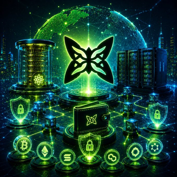The image features an abstract digital art piece with a futuristic theme that includes elements such as a butterfly, a globe, and various technological icons like a wallet, a lock, and a shield. The background of the artwork is dark green, which complements the overall futuristic vibe of the piece. The post about discovering @quipnetwork feels like stepping into the future because they are building a global quantum computer on the blockchain where miners use quantum machines and regular computers together to solve tough, real-world problems along with this, it is.