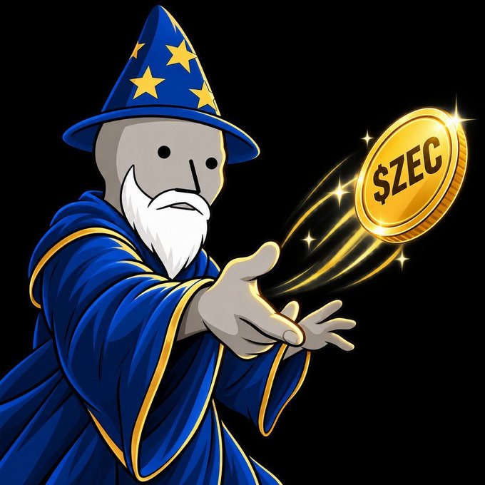 A wizard in a blue star-adorned robe and hat casts a glowing golden "$ZEC" coin from his hand, symbolizing the magical success of the Zcash price surge. The image visually reinforces the post's celebration of ZEC breaking $1400, a 70x gain from the "WIZZ" bottom call.