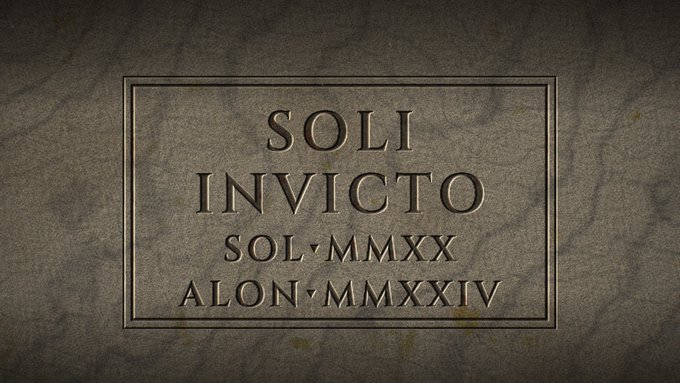 A stone plaque with engraved Latin text reading 'SOLI INVICTO, SOL·MMXX, ALON·MMXXIV' (To the Unconquered Sun, 2020-2024).