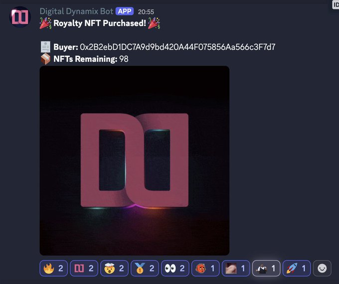 The image features a screenshot of an app's message screen on a computer or phone with a red banner stating "Royalty NFT Purchased!". The main focus is on a large letter "D" that is in the center, accompanied by small icons surrounding it. Additionally, there are two emojis and several emoticons scattered throughout the image to provide more context and visual interest. The background of the message screen displays a picture of a robot, likely related to the app's theme or an illustration for the user interface. This information suggests that the post was likely created by someone who has purchased or used the Royalty NFT service through this app.